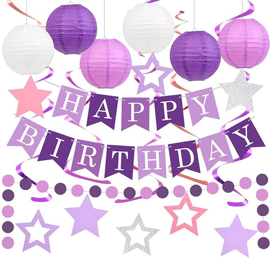 Happy Birthday Decorations, Purple Birthday Party Decorations Set with Happy Birthday Banner, Paper Lanterns, Star Swirl Hanging Decorations & Circle Dots Garland