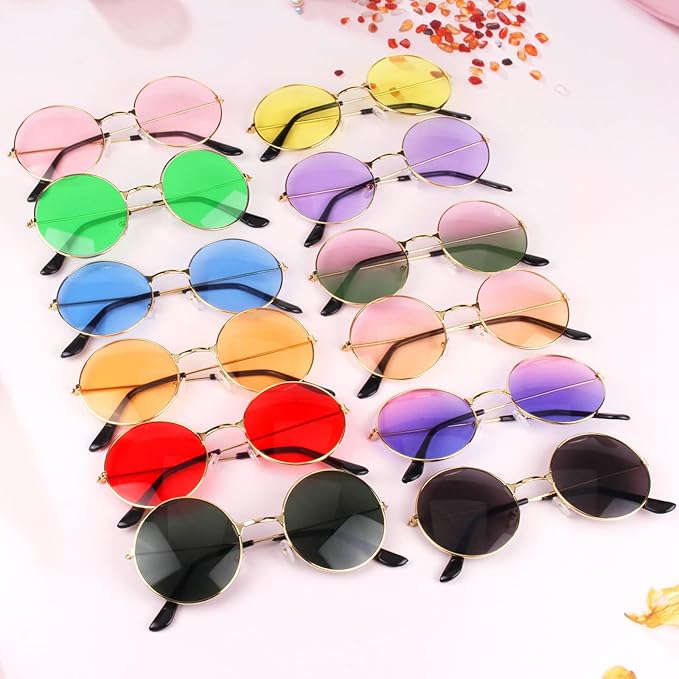 ONESING 8-20 Pairs Round Hippie Sunglasses Circle Sunglasses for Women Glasses Multicoloured Hippie Headband Disco Party