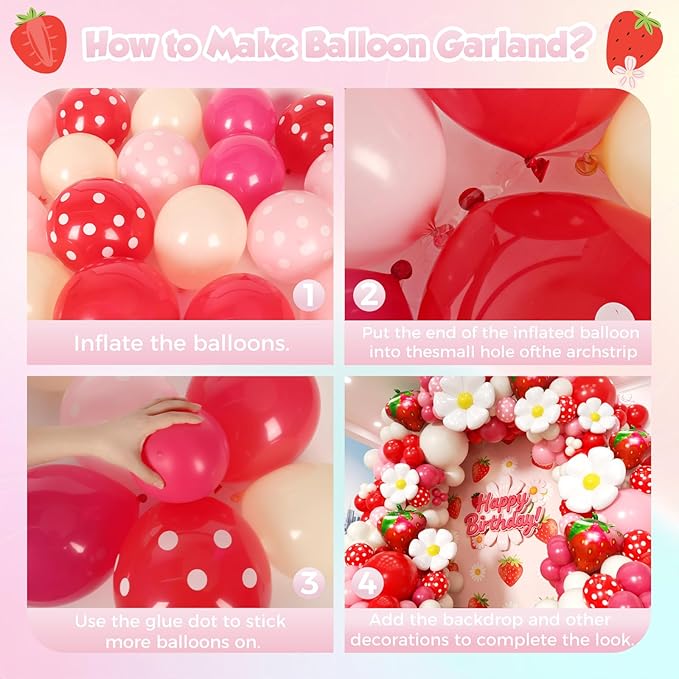 Strawberry Balloon Arch Kit 188Pcs with Strawberry Daisy Foil Balloons, Red Pink White Balloons for Sweet One Berry First Birthday Wedding Baby Shower Gender Reveal Girls Princess Party Decor