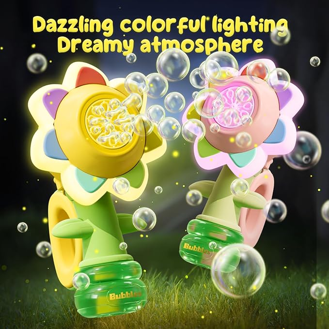 2 Pack Rechargeable Flower Bubble Guns for Kids W/LED Lights & 10 Refill Solutions, Fun Swing Dance Bubble Maker Machine Blower Blaster Toys,Outdoor Summer Play, Easter, Birthday Party Favors & Gifts