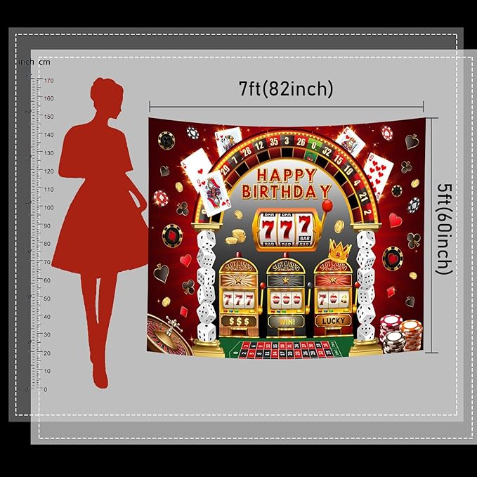 Mocsicka Casino Birthday Backdrop Las Vegas Theme Casino Night Happy Birthday Party Banner Decorations Dice Poker Birthday Photography Background Photo Booth Prop (Black/Red, 8x6ft(96''x72''))