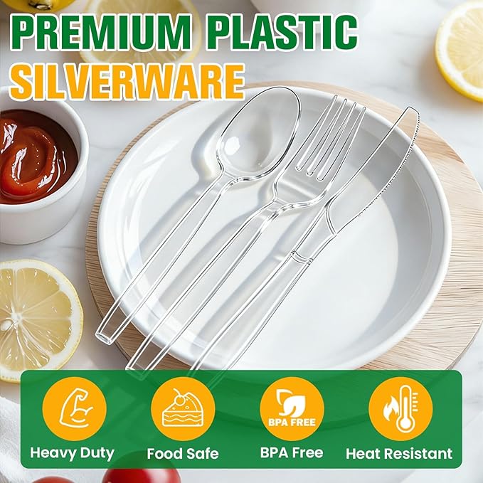 550 Count Plastic Silverware Heavy Duty,Clear Disposable Plastic Utensils Set,200 Forks, 200 Spoons,150 Knives,BPA-Free, Heat Resistant Plastics Cutlery, Plasticware Bulk for Catering & Events, Daily