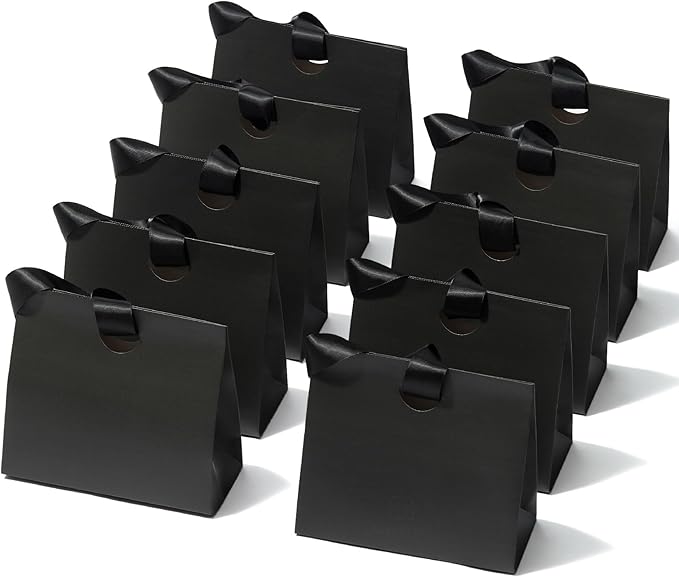 Vitalizart Paper Gift Bags With Ribbon Handles Set of 10 Black Bulk Reusable For Gift Wrap Girls Kids Birthday Bridal Shower Party Favors Goodie Bags Candy Toys Christmas 7.87"x3.54"x7.09" Small Size