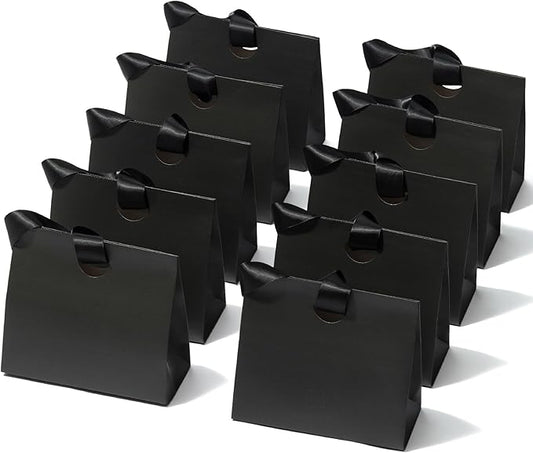 Vitalizart Paper Gift Bags With Ribbon Handles Set of 10 Black Bulk Reusable For Gift Wrap Girls Kids Birthday Bridal Shower Party Favors Goodie Bags Candy Toys Christmas 7.87"x3.54"x7.09" Small Size