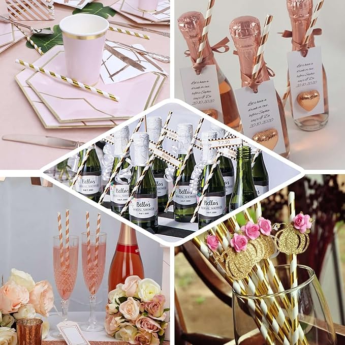 Efavormart 125 Pcs Candy Striped Paper Straws Silver Foil Swirl Straws For Wedding Birthday Party Dance Banquet - White/Silver
