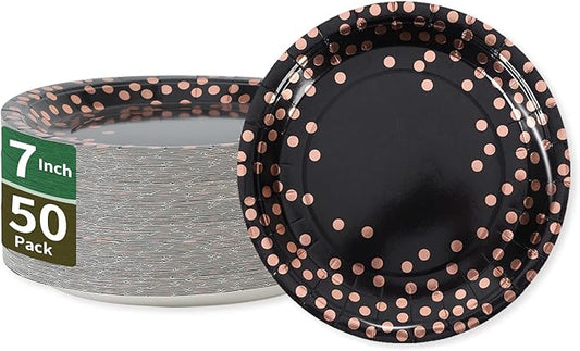 Black & Rose Gold Dots Party Paper Plates, 50 PCS Disposable Party Supplies Dessert Paper Plate for Birthday Wedding Graduation Supplies (7 inches)