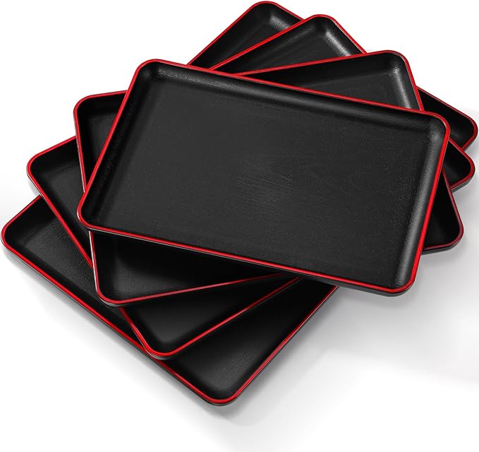 Rtteri Set of 4 Large Serving Platter Set 15/14/13/12 Inch Heavy Plastic Serving Trays Unbreakable Rectangular Platter Reusable Wood Grain Tray for Buffet Wedding Christmas Party(Black and Red)