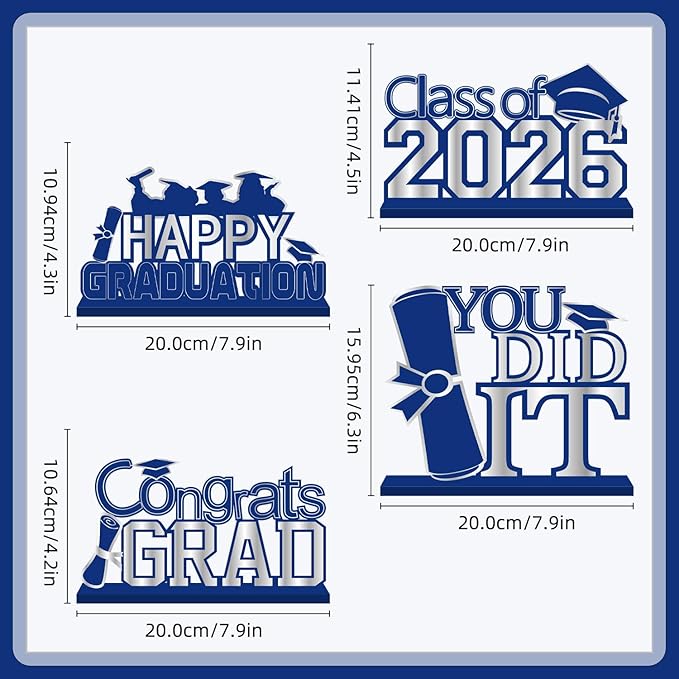 4Pcs Blue and Silver Graduation Decorations 2026 Congrats Grad Wooden Table Centerpieces Graduation Table Decorations for Class of 2026 Decorations