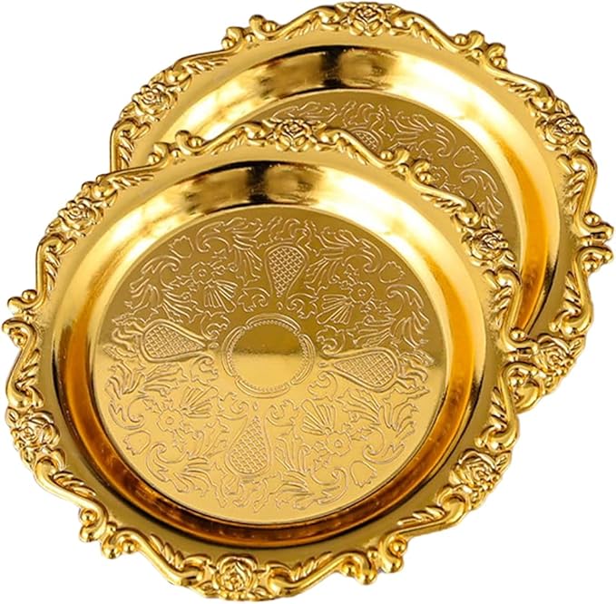 Gold Decorative Tray Set of 2, 8'' Round Vintage Metal Vanity Tray for Perfume, Small Ornate Jewelry Dish, Bathroom Counter Organizer, Coffee Table Decor