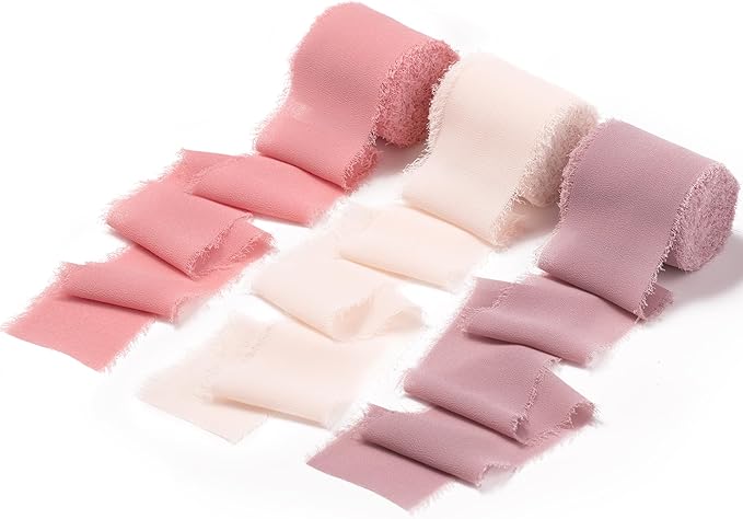 DORIS HOME 2" x21Yd Chiffon Ribbon for Flower Bouquet, Pink & Dusty Rose Fabric Ribbon for Gift Wrapping, Handmade Frayed Ribbon for Wedding/Christmas Decorations