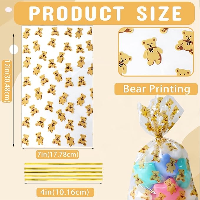 LEOSINDA100 Pcs Clear Cellophane Treat Bags 7 X 12 Inch Bear Valentine Cellophane Candy Bags with Twist Ties for Valentine's Day and Birthday Favors Gift Cookie Weddings Packing Party Favor Supplies