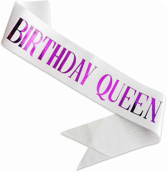 Birthday Queen Sash, Purple Foil Letter Glitter White Birthday Sash for Women 21st 30th 40th 50th 60th Gifts Fun Bday Party Favors Decorations