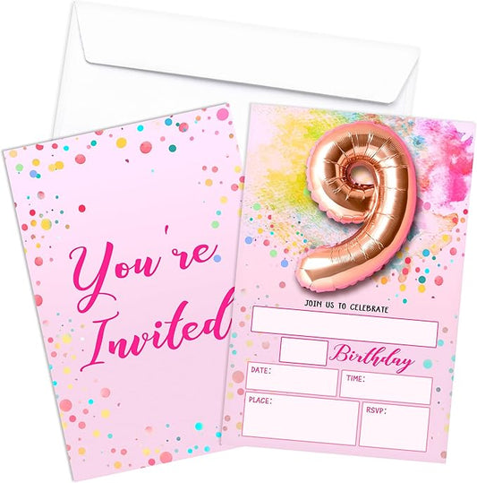 Rose Pink Balloon Birthday Invitations, 9th Surprise Birthday Party Invitations Cards with Envelopes, Confetti Polka Dot Fill-in Invites, 9th Pink Birthday Decorations for Girls -05