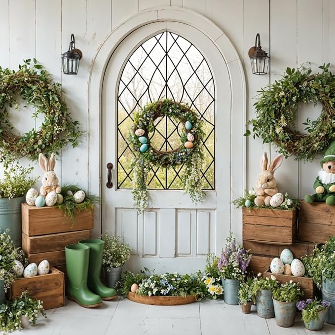 Kate Easter Backdrops for Photoshoot Spring Backdrops Wreath Rabbits Eggs White Door Window Photo Backdrop Flowers Holiday Photo Props, 10x10ft