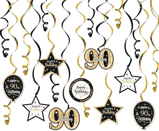 Happy 90th Birthday Black & Gold Glitter Swirls Streamers Party Decorations - 15 Pcs 90th Birthday Hanging Swirls Streamers Kit,Cheers to Ninety Years Old Bday Party Sign.