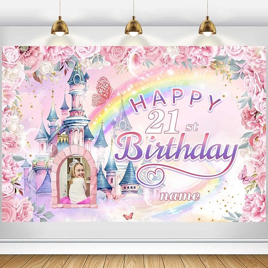 Custom Castle and Princess Theme 21st Birthday Decorations Banner - Personalized Fabric Banner for 21st Birthday Party Supplies