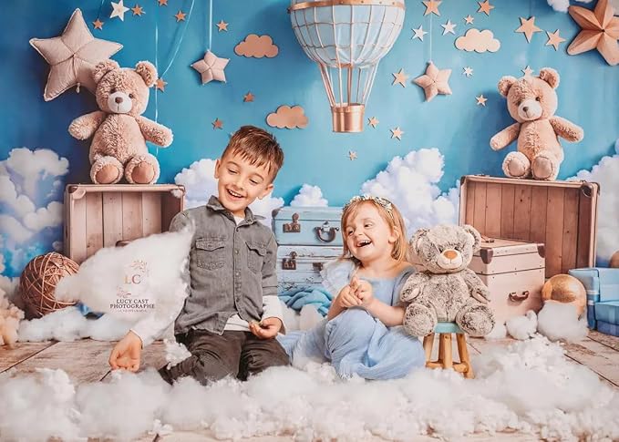 Kate Hot Air Balloon Backdrop for 1st Birthday Party Cartoon Teddy Bear Background Photo Studio Props, 7x5ft