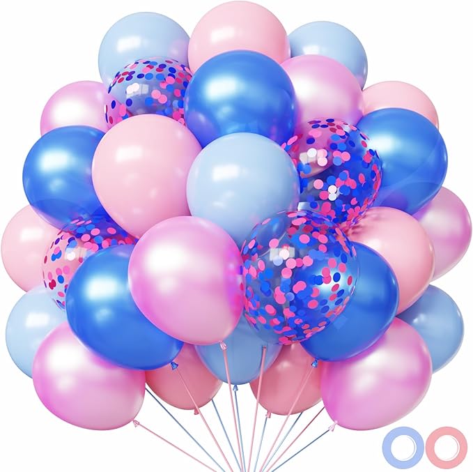 Hiquaty Pink and Blue Balloons, 50pcs Light Pink Balloons,12 inch Gender Reveal Balloons,Light Blue Balloons with Ribbon for Birthday Wedding Baby Shower Party Decoration