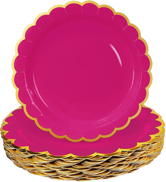 HEIPINIUYE 50 Pieces Hot Pink Paper Plates with Gold Foil 7 Inch Disposable Pink Scalloped Dinner Plates for Wedding Baby Shower Birthday Party Dessert Plate