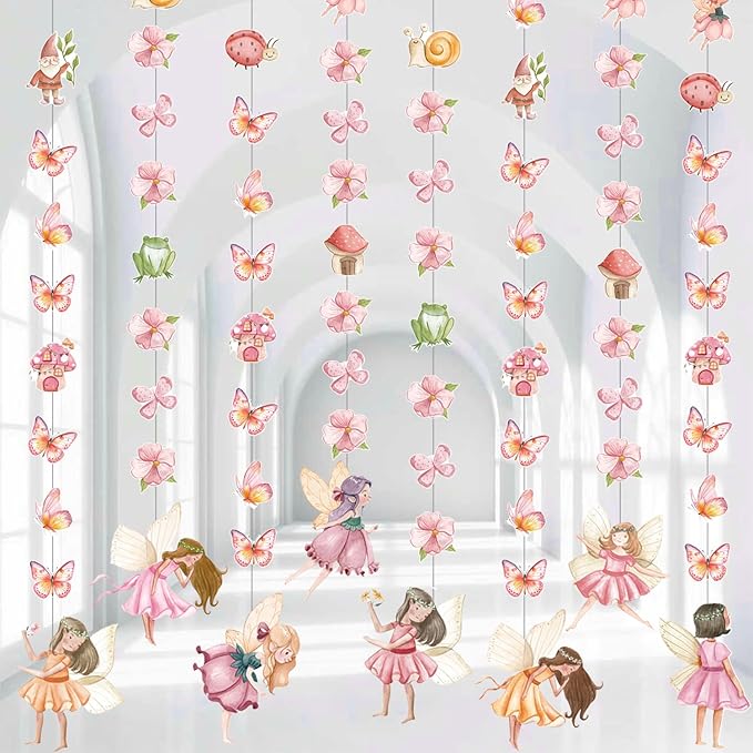 Fairy Birthday Party Decorations 8PCS Fairy Garlands Fairy Theme Party Supplies Butterfly Flower Mushroom Elf Hanging Cutout Garland Banner Streamer for Fairytale Garden Baby Shower Wall Ceiling Decor