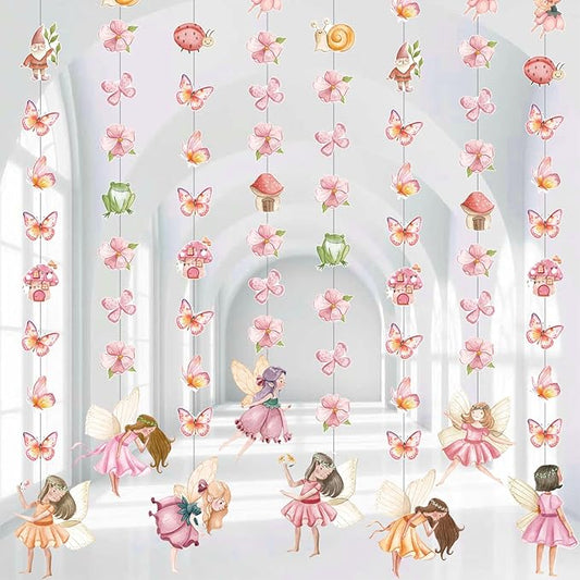 Fairy Birthday Party Decorations 8PCS Fairy Garlands Fairy Theme Party Supplies Butterfly Flower Mushroom Elf Hanging Cutout Garland Banner Streamer for Fairytale Garden Baby Shower Wall Ceiling Decor