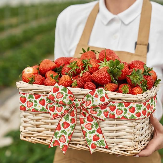Strawberry Wired Edge Burlap Ribbons 2 Pack - 2.5 Inch Spring Theme Ribbon Set, 5 Yards Each for Wreaths Crafts Decorations Gift Wrapping