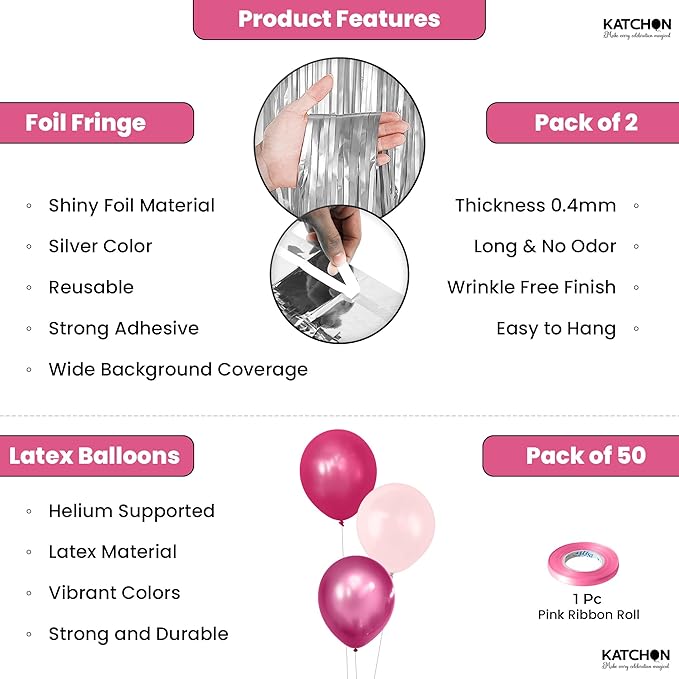 KatchOn, Big Silver Fringe Backdrop Set - 3.2x6.5 Feet, Pack of 52 | Silver Streamer Backdrop and Pink Latex Balloons | Fringe Curtain for Engagement, Disco, Wedding, Anniversary, Birthday Decoration