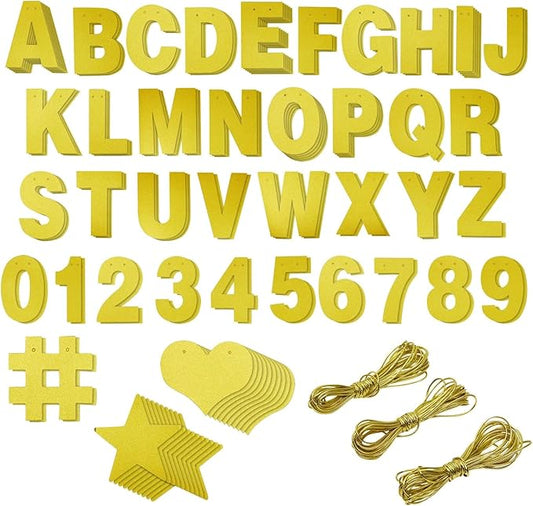Make Your Own Banner Kit - 130-Piece, Gold Glitter, 5-Inch Characters - DIY Banner Kit with Glitter String Letters for Birthday & Wedding Party Decor
