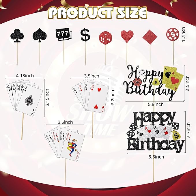 Beeveer 42 Pcs Casino Cake Topper Decorations with Candles Poker Game Chips Player Happy Birthday Cake Pick Set for Las Vegas Scene Birthday Party Decoration