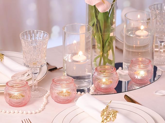 24 Pcs Pink Candle Holder for Bridal Shower, Wedding Table Decorations- Floral Style Pink Votive Candle Holder, Centerpieces for Birthday, Engagement Party Decor