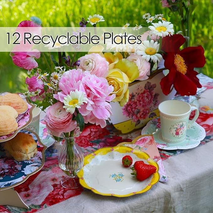 Talking Tables 24 x 7" Vintage Floral Paper Plates for Mothers Day, Tea Party, Scalloped Floral Disposable Plates for Garden Party, Birthday, Bridal Shower, Bachelorette Tableware