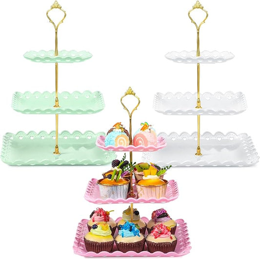 3 Sets Tea Party Decorations of 3 Tier Wedding Plastic Dessert Table Display Set Cupcake Stand Dessert Plates Cake Candy Display Tower Wedding Birthday Baby Shower Tea Party Decoration