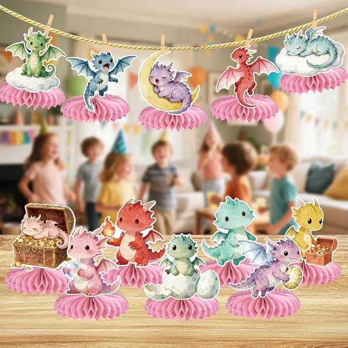 ANATTASOUL 12PCS Table Honeycomb Centerpieces Watercolor Dragon Birthday Party Decorations for Table, 7.48"*5.9" Honeycomb Decorations for Wedding, Christmas, Anniversary, Home Decor