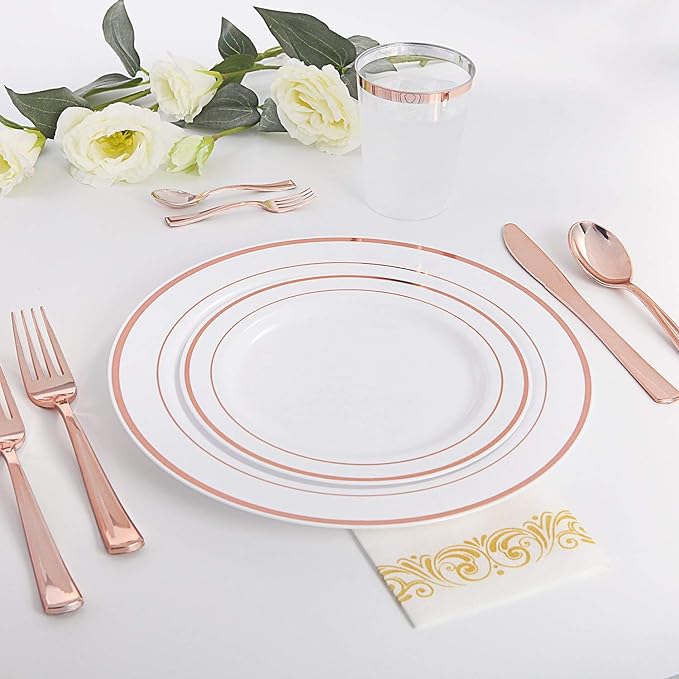 WDF 300 Pieces Rose Gold Plastic Silverware- Disposable Flatware Set - Heavy Duty Plastic Cutlery Includes 100 Forks, 100 Spoons, 100 Knives Perfect for Wedding/Party/Birthday