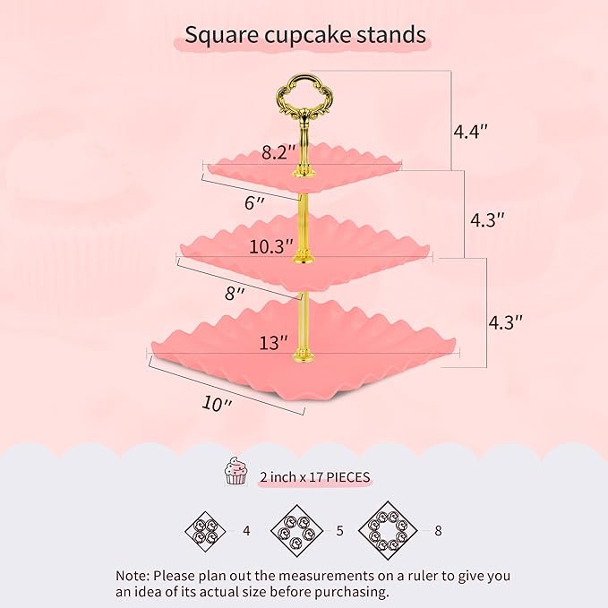 NWK 5 Piece Cake Stand Set with 2 x Large 3-Tier Cupcake Stands, 3 x Appetizer Trays, for Wedding Birthday Baby Shower Tea Party Decorations (Pink)