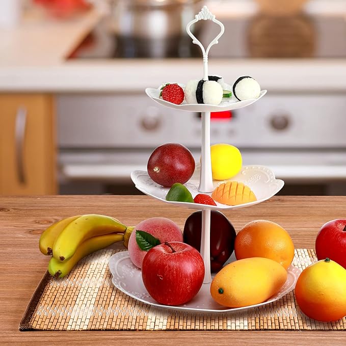 8 Sets 3 Tier Cupcake Stand Plastic Tiered Serving Stand 3 Tier Serving Tray Round Flower Square Hexagonal White Dessert Table Display Set Candy Cupcake Tower Pastry Cupcake Holder for Party Wedding