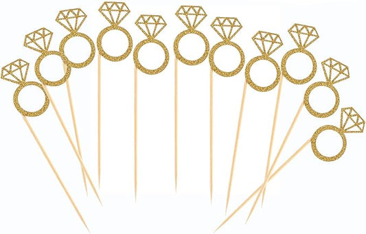50 Pack Cupcake Toppers Gold Glitter Mini Diamond Ring Cakes Toppers for Marriage Engagement Anniversary Birthday Valentines Party Cake Decor