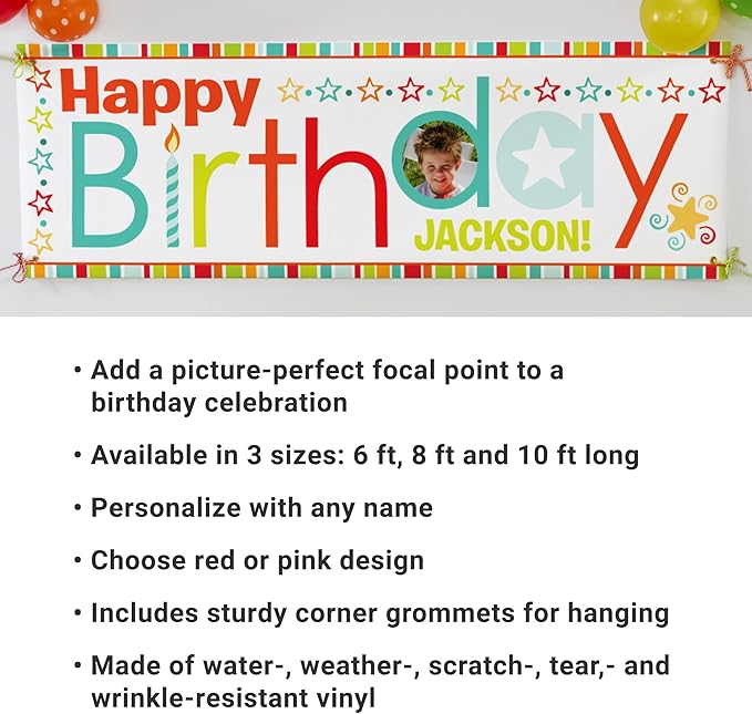 Let's Make Memories Personalized Birthday Banner - Kids Party Decorations - Custom Happy Birthday Banner - Indoor/Outdoor Vinyl - Any Text and Photo - Red Multi - 6ft