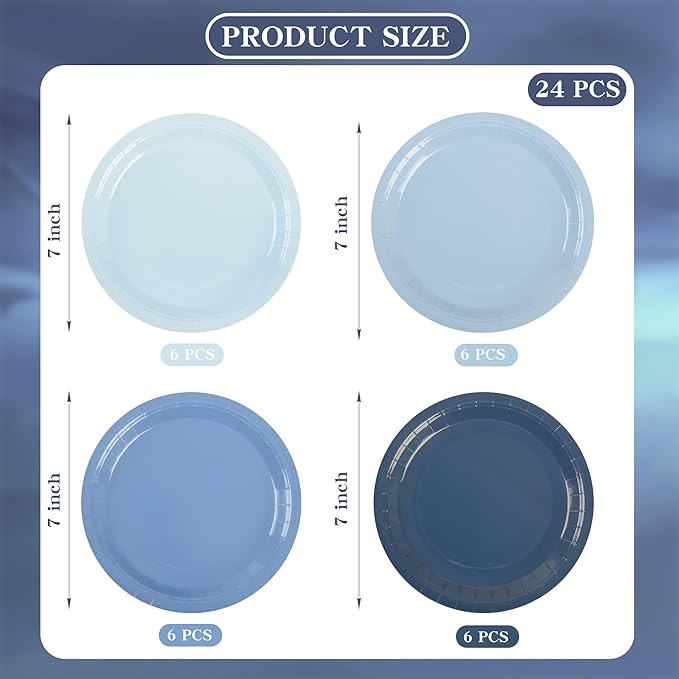 AimFun 24Pcs Dusty Blue Paper Plates Gradient Blue Party Plates 7??Disposable Round Dessert Plates for Father?™s Day Birthday Wedding Bridal Engagement Baby Shower Party Supplies