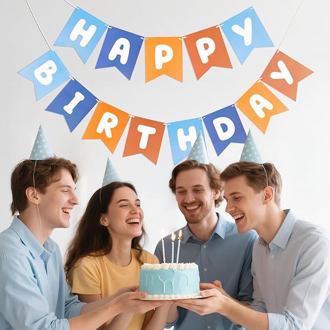 Happy Birthday Banner Birthday Party Banner NO DIY Happy Birthday Sign Pre-Strung Birthday Hanging Decoration for Women Men Girl Boy Party Supplies (Blue and Orange)