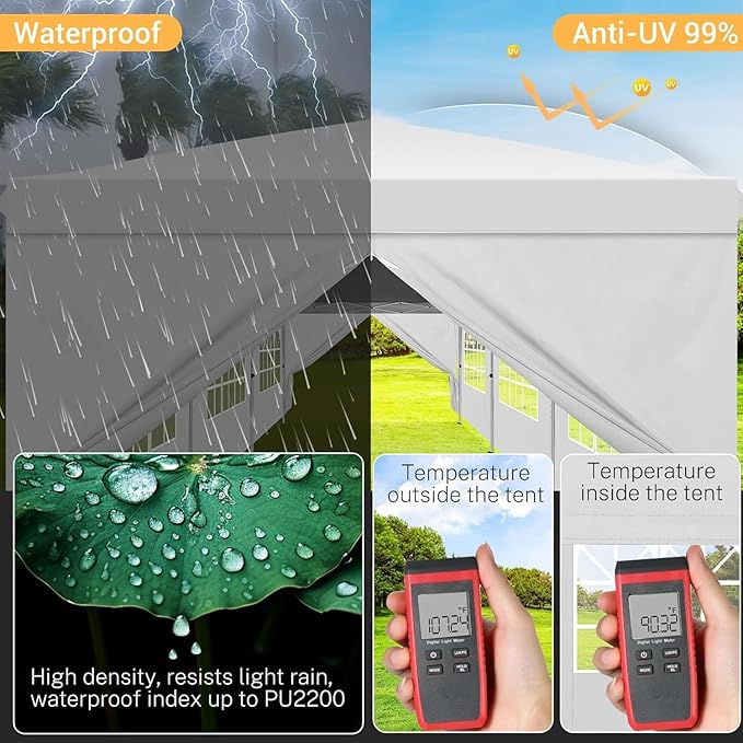COBIZI 10x30 Pop up Canopy Tent for Parties with 8 Removable Sidewalls, Waterproof UPF 50+ Commercial Event Tent, Protable Outdoor Canopy with 4 Sandbags for Wedding, Backyard(10x30FT, White)