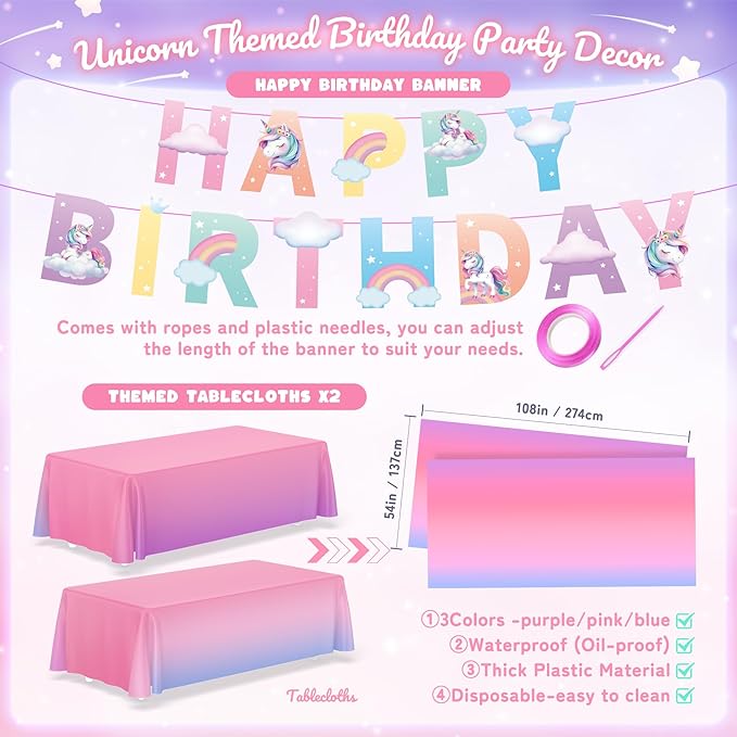 171Pcs Unicorn Birthday Party Decorations with Unicorn Rainbow Banner and Tablecloth, Birthday Party Supplies with Plates Cups Napkins Straws Cutlery, Pink Purple Disposable Tableware for 24 Guests