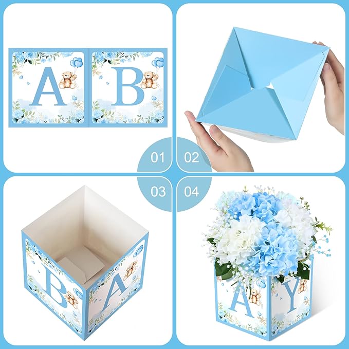 Bucherry 6 Pcs Baby Shower Centerpieces with Letters, 7" Baby Blocks Flower Boxes for Table Decorations, Gender Reveal Party Supplies & Photo Props(Blue,Blue Bear)