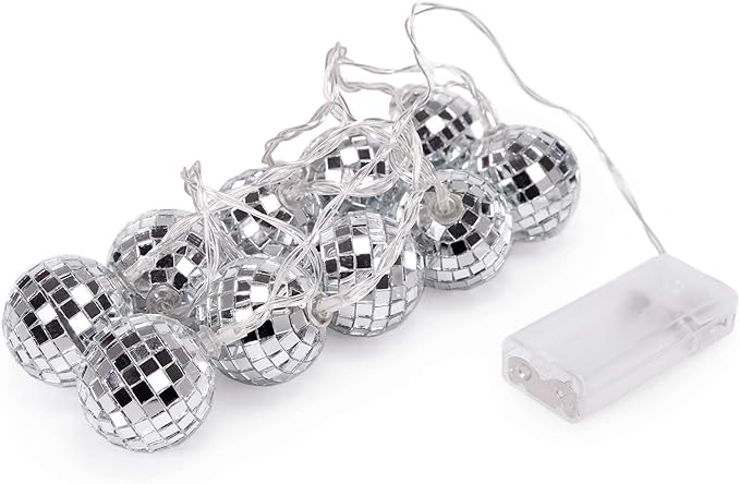 10 LED 2" Disco Balls String Lights 5.5ft, Battery Operated Portable Decorative Novelty Christmas Holiday Hanging Fairy Light Garland for Indoor/Outdoor, Silver Mirror/Colorful