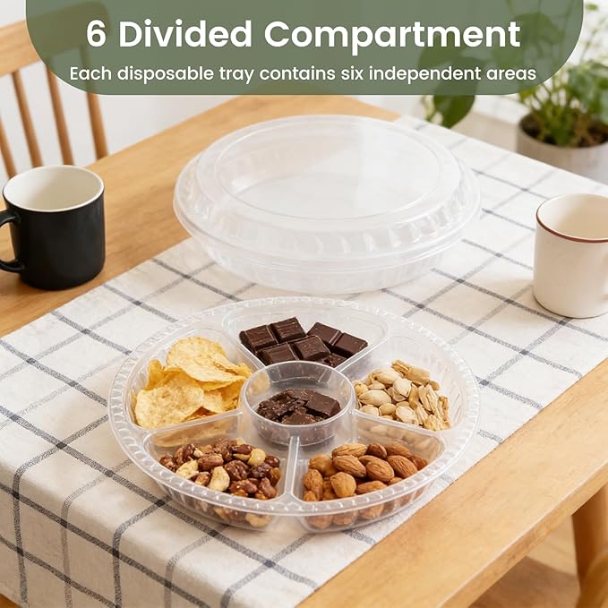 30 Pack Plastic Veggie Tray for Serving for Party, 10.4inch 6 Divided Compartment Disposable Party Platters for Vegetable Fruit Snack Nut, Fruit Trays with Lid for Buffet Catering