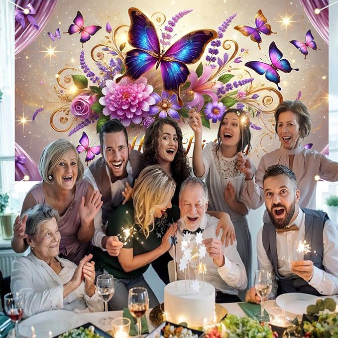 Happy Birthday Banner Colorful Butterfly and Floral Design Elegant Garden Style Wall Hanging for Birthday Party Celebration Home Decoration 70.87 x 43.31 Inch