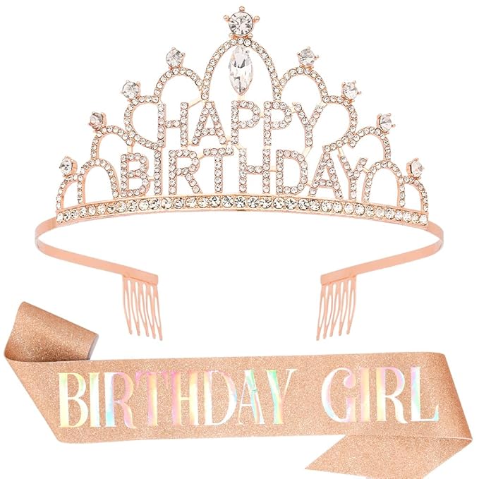 Rose Gold Birthday Crown and Sash for Women Girls Rose Gold Tiaras for Women Crowns for Girls Princess Crown Rhinestone Happy Birthday Hair Accessories