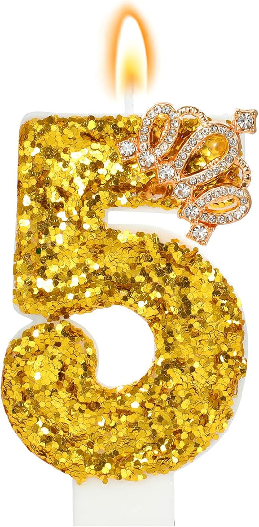 Gold Birthday Candle Crown Number 5 Candle with Sequins Cake Candles Cupcake Decorations Party Decor for Anniversary Celebrations Supplies