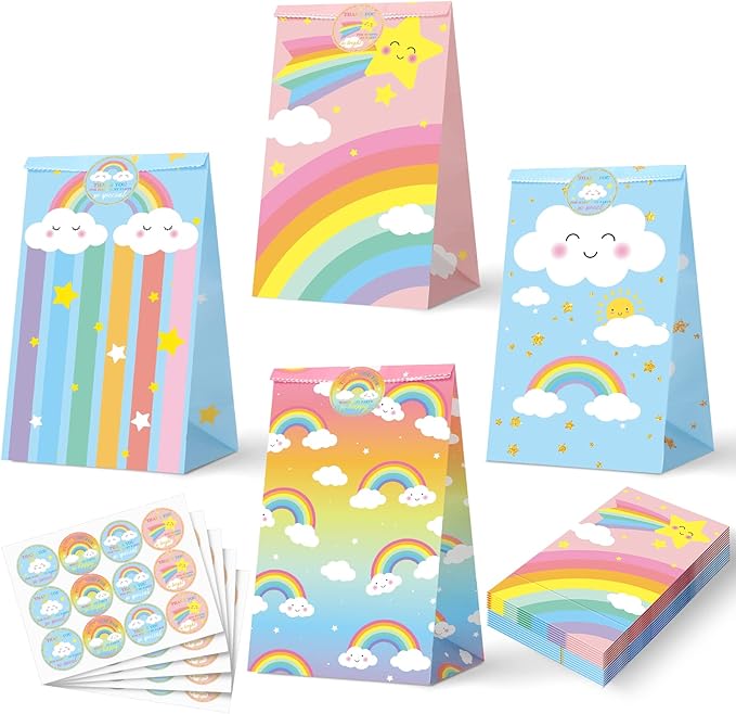Nezyo 24 Pack Rainbow Goodie Bags with Stickers Rainbow Party Favor Bags, Turquoise, 8.7 x 4.7 x 3.1 Inch Pastel Gift Bag for Birthday Party Favors Candies Snacks Treats Decorations