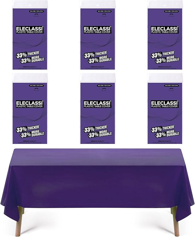 Eleclassi Purple 6 Pack Premium Disposable Plastic Tablecloth 54 x 108 in - Plastic Table Cloth Disposable Tablecloth for Rectangle Table Up to 8 Feet